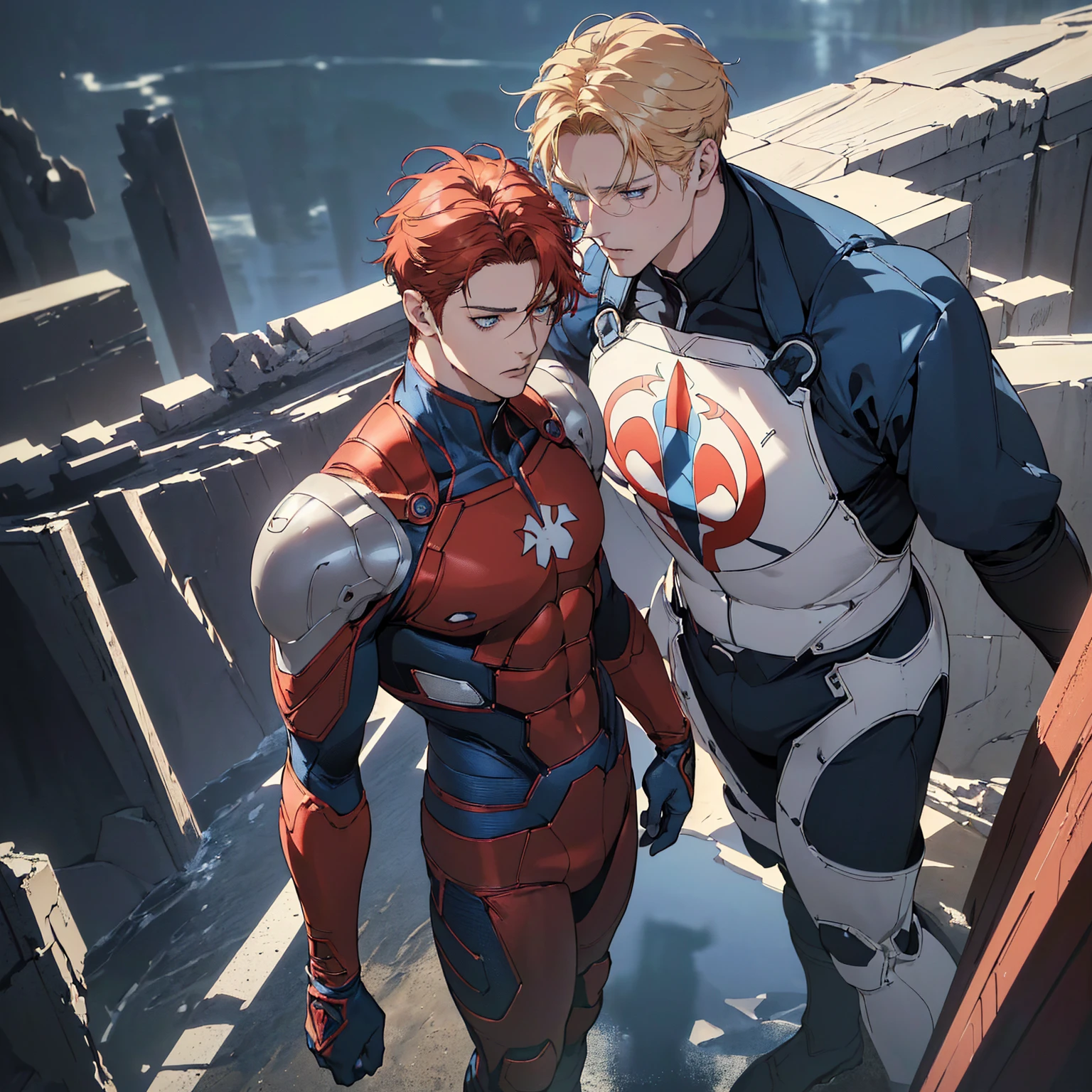 (((professional. highly detailed. HD. UHD. HDR. 16K. very high quality. clean. realistic anime. hyper realistic.))), 1man,  40 years, old, blue, superhero suit,red boots, red gloves, blonde hair, short hair,  deep blue eyes, American Caucasian, standing, frontal view, full body, white background 