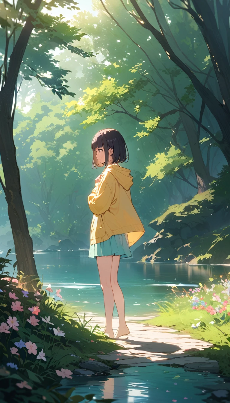 (1 girl),(Best Picture Quality, 8K, Masterpiece:1.3), (Middle school students:1.5), ((yellow beige lob hair:1.1)), (bob cut),(blunt bangs:1.3), (cute eyes, pupil black, iris orange, youthful face),(standard weight), (small breasts), (glistening skin:1.2),(pale skin:1.2),(yellow simple hoodie),BREAK standing by a misty lake, surrounded by a mystical forest, BREAK morning light, soft and ethereal, illuminating the scene, BREAK springtime, fresh greenery and blooming flowers, BREAK soft pastel colors, BREAK long shot, showing the girl and the entire scene, BREAK looking at the lake, BREAK tranquil and serene atmosphere