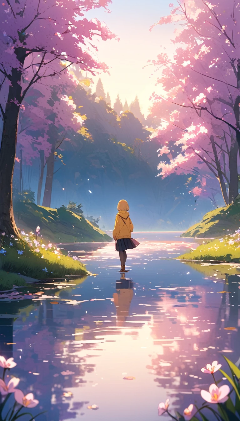 (1 girl),(Best Picture Quality, 8K, Masterpiece:1.3), (Middle school students:1.5), ((yellow beige lob hair:1.1)), (bob cut),(blunt bangs:1.3), (cute eyes, pupil black, iris orange, youthful face),(standard weight), (small breasts), (glistening skin:1.2),(pale skin:1.2),(yellow simple hoodie),BREAK standing by a misty lake, surrounded by a mystical forest, BREAK morning light, soft and ethereal, illuminating the scene, BREAK springtime, fresh greenery and blooming flowers, BREAK soft pastel colors, BREAK long shot, showing the girl and the entire scene, BREAK looking at the lake, BREAK tranquil and serene atmosphere