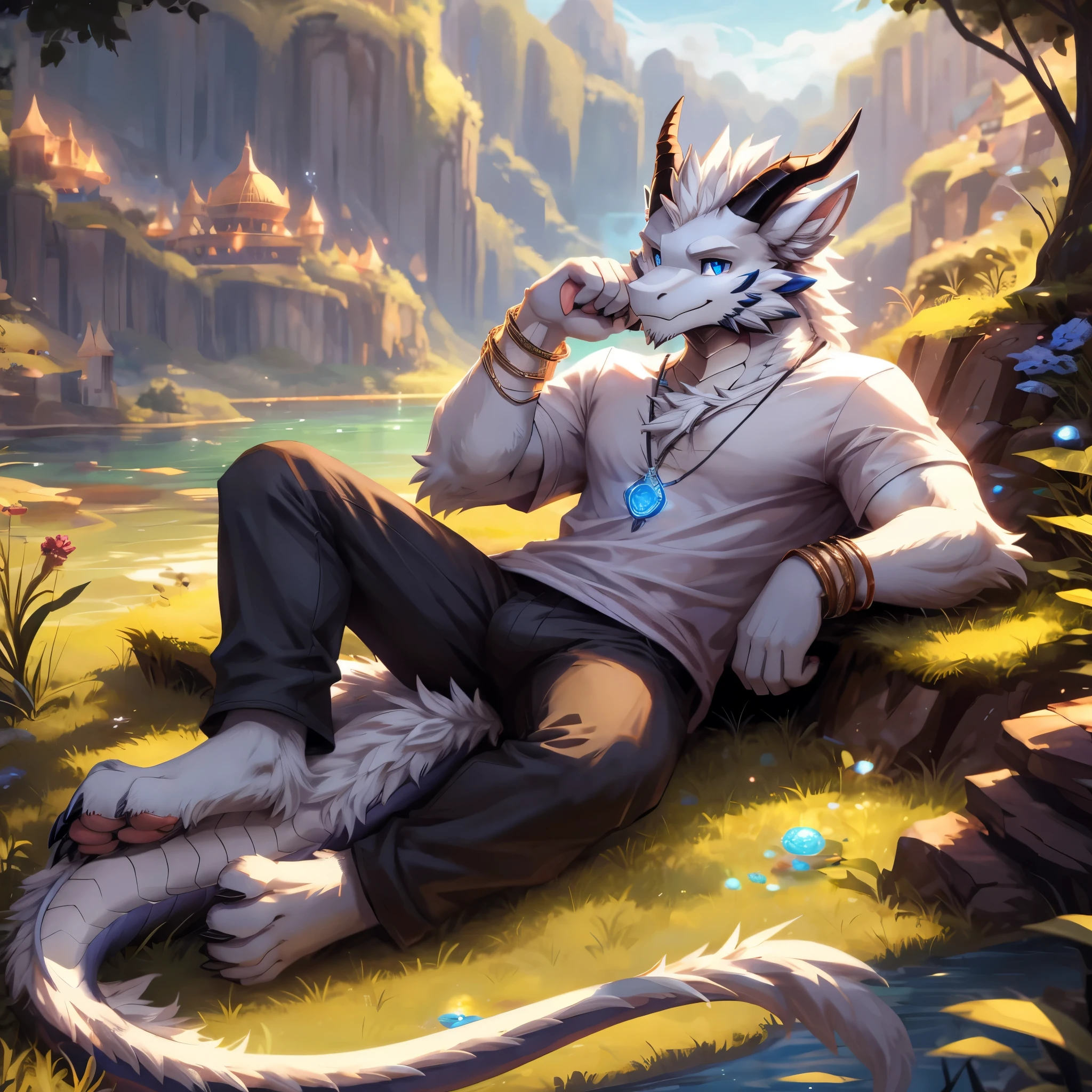 solo,(furred dragon),mature,male,((white fur)),fluffy furs,dragon horns,blue_eyes,cat's eye,tail,handsome,toe claws,digitigrade,lying_on_the_lake,lowleg,pink pawpads,pants,t-shirt,anklet,bracelet,pendant,clothing details,floating island,Cinematic Lighting,cirrocumulus,perfect lighting,(best quality),(masterpiece),(ultra detailed),sharp focus,(detailed eyes),depth of field,day,Magical