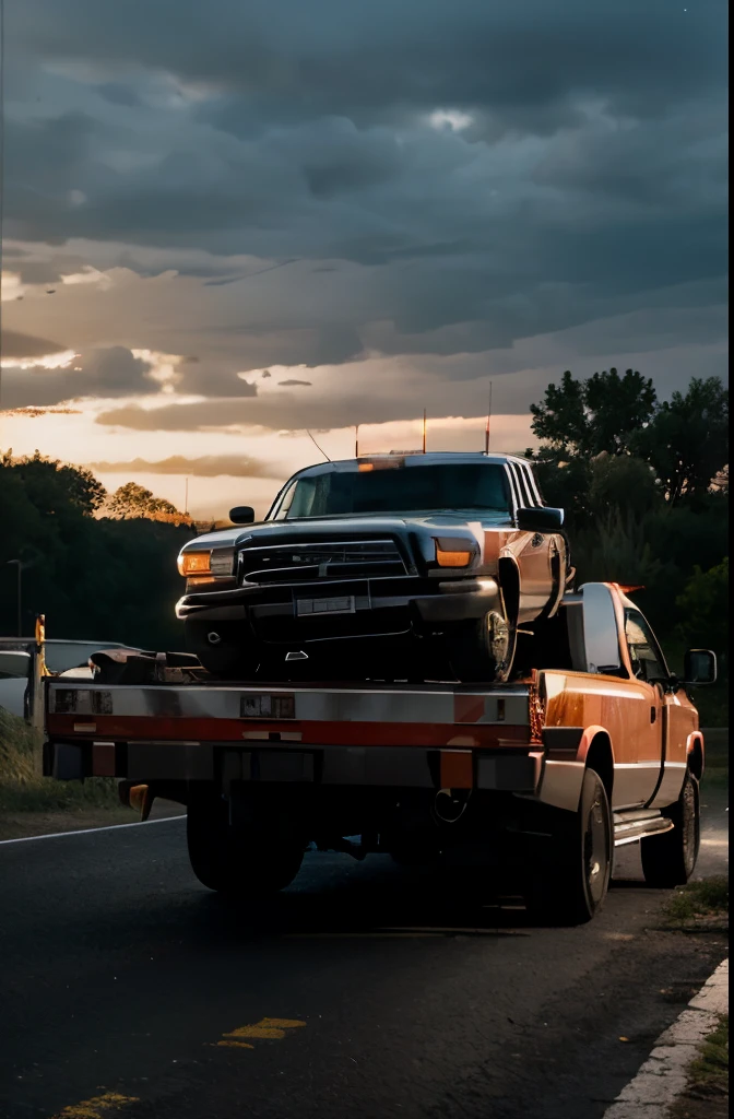 A high-resolution photorealistic image of a flatbed tow truck being viewed from a rear diagonal angle, capturing the moment it is loading a car onto its flatbed. The truck's platform is extended and tilted like a ramp, with the car being pulled by a winch. The set is well-lit with cinematic lighting, rendered with octane for extreme detail and clarity. The scene should look like a photograph, showing the tow truck and car realistically and dynamically.