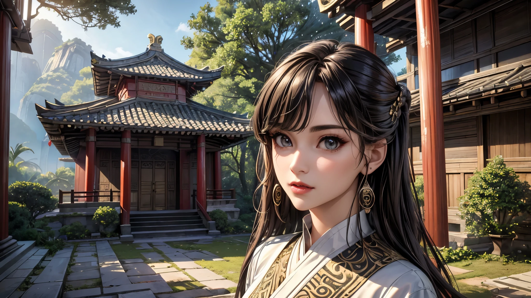 (best quality, 8K, masterpiece:1.3), pretty Woman, 1 girl, beautiful face, (seductive face), Black streaked honey blonde hair, blunt bangs single sidelock, absurdly long curtained straight hair, white casual dress, Ultra-detailed face, Detailed lips, super detailed eyes, double eyelids, long upper eyelashes, Soft skin, HD skin, China, Ancient Chinese temple ruins, Ancient miracles, broken building, [jungle], [Mountain], 8k, Super detailed, best quality detail, retina, Ultra-high resolution, masterpiece, ccurate