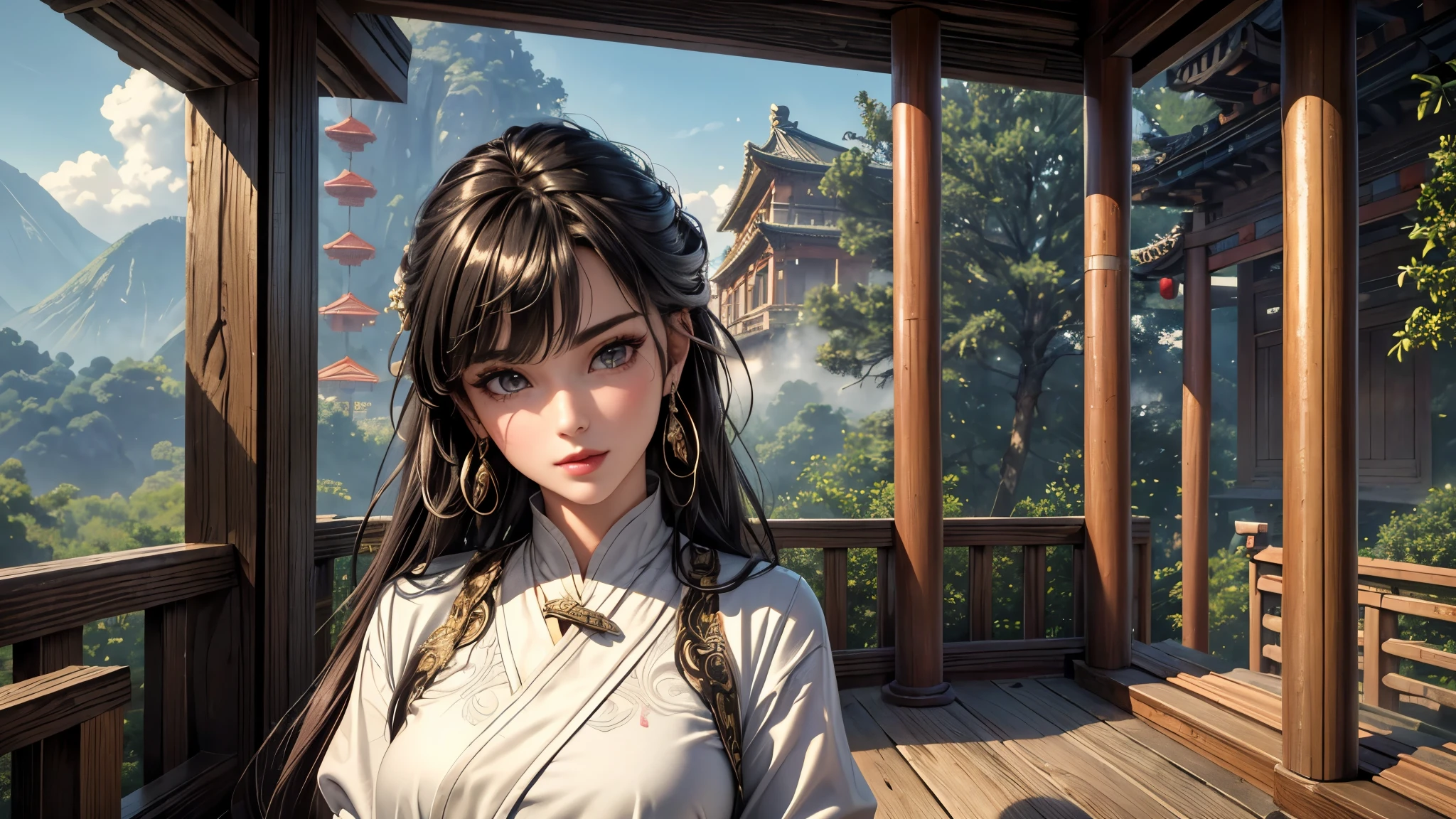 (best quality, 8K, masterpiece:1.3), pretty Woman, 1 girl, beautiful face, (seductive face), Black streaked honey blonde hair, blunt bangs single sidelock, absurdly long curtained straight hair, white casual dress, Ultra-detailed face, Detailed lips, super detailed eyes, double eyelids, long upper eyelashes, Soft skin, HD skin, China, Ancient Chinese temple ruins, Ancient miracles, broken building, [jungle], [Mountain], 8k, Super detailed, best quality detail, retina, Ultra-high resolution, masterpiece, ccurate