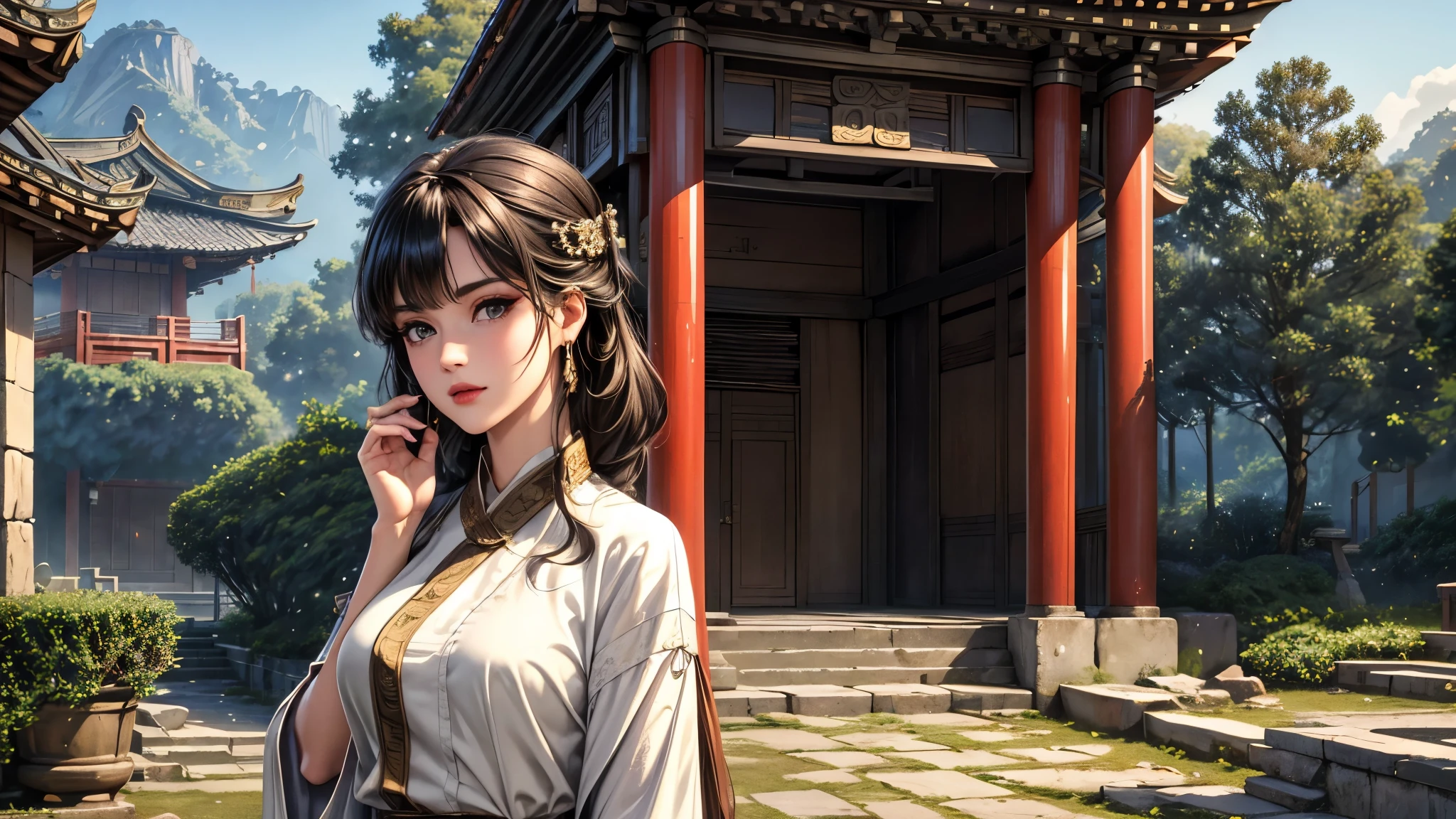 (best quality, 8K, masterpiece:1.3), pretty Woman, 1 girl, beautiful face, (seductive face), Black streaked honey blonde hair, blunt bangs single sidelock, absurdly long curtained straight hair, white casual dress, Ultra-detailed face, Detailed lips, super detailed eyes, double eyelids, long upper eyelashes, Soft skin, HD skin, China, Ancient Chinese temple ruins, Ancient miracles, broken building, [jungle], [Mountain], 8k, Super detailed, best quality detail, retina, Ultra-high resolution, masterpiece, ccurate