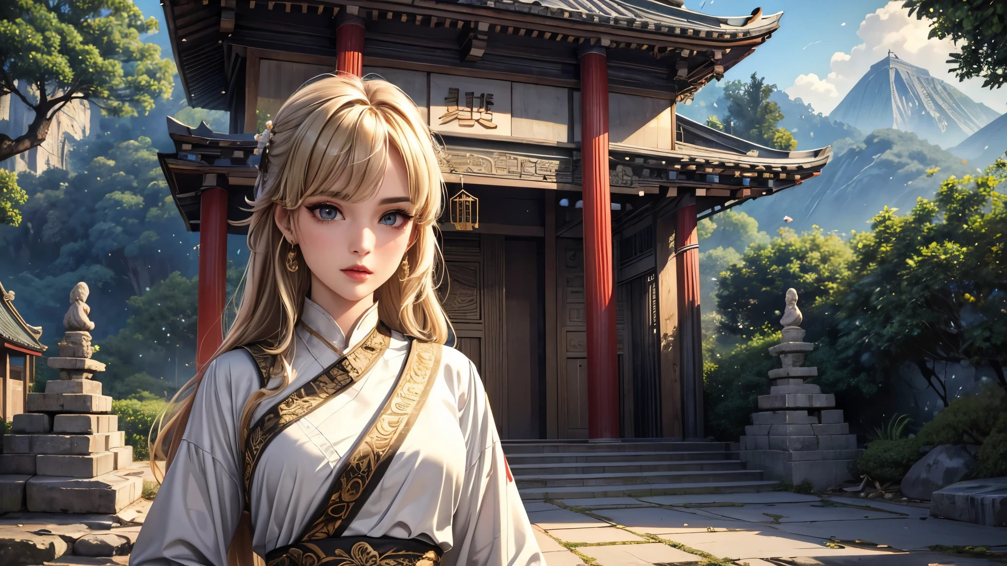 (best quality, 8K, masterpiece:1.3), pretty Woman, 1 girl, beautiful face, (seductive face), Black streaked honey blonde hair, blunt bangs single sidelock, absurdly long curtained straight hair, white casual dress, Ultra-detailed face, Detailed lips, super detailed eyes, double eyelids, long upper eyelashes, Soft skin, HD skin, China, Ancient Chinese temple ruins, Ancient miracles, broken building, [jungle], [Mountain], 8k, Super detailed, best quality detail, retina, Ultra-high resolution, masterpiece, ccurate