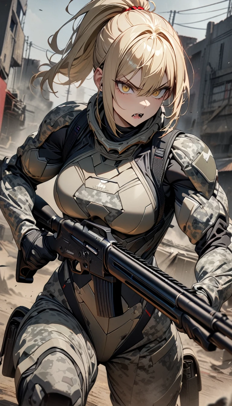 Adult woman, short blonde hair, high ponytail, rec eyes, fangs, muscles, gray camouflage, tight soldier form, shotgun, serious, Masterpiece, best quality, Full HD, 8k, ultra details, great graphic