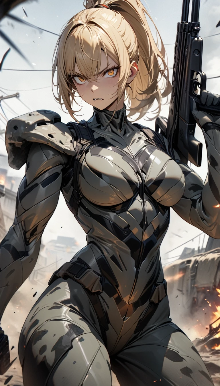 Adult woman, short blonde hair, high ponytail, rec eyes, fangs, muscles, gray camouflage, tight soldier form, shotgun, serious, Masterpiece, best quality, Full HD, 8k, ultra details, great graphic