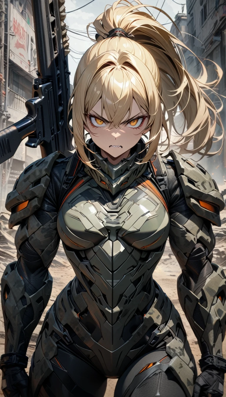 Adult woman, short blonde hair, high ponytail, rec eyes, fangs, muscles, gray camouflage, tight soldier form, shotgun, serious, Masterpiece, best quality, Full HD, 8k, ultra details, great graphic