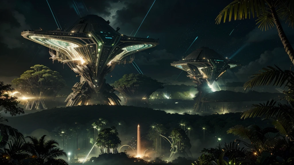 Massive, futuristic alien ships with a metallic, angular design firing energy beams and raining destruction on a lush, verdant rainforest landscape. Fleeing Verdantian inhabitants and buildings/structures being destroyed.