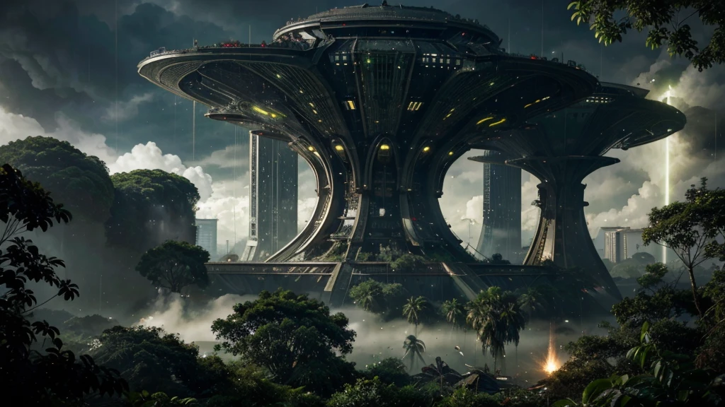 Massive, futuristic alien ships with a metallic, angular design firing energy beams and raining destruction on a lush, verdant rainforest landscape. Fleeing Verdantian inhabitants and buildings/structures being destroyed.