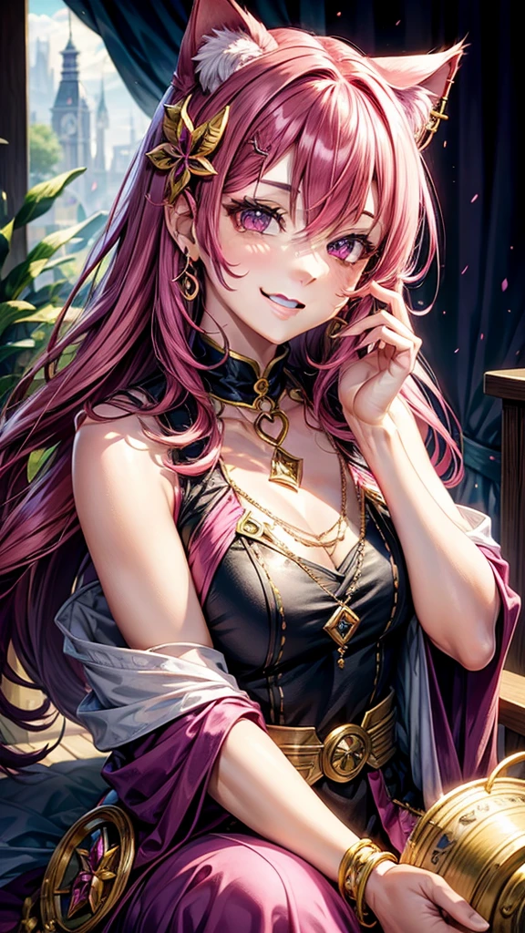 Magenta hair, hazel eyes, older woman, hair jewel ornament, cat ears, long hair, smiling face, bright colors, fantasy clothes, pretty color clothes