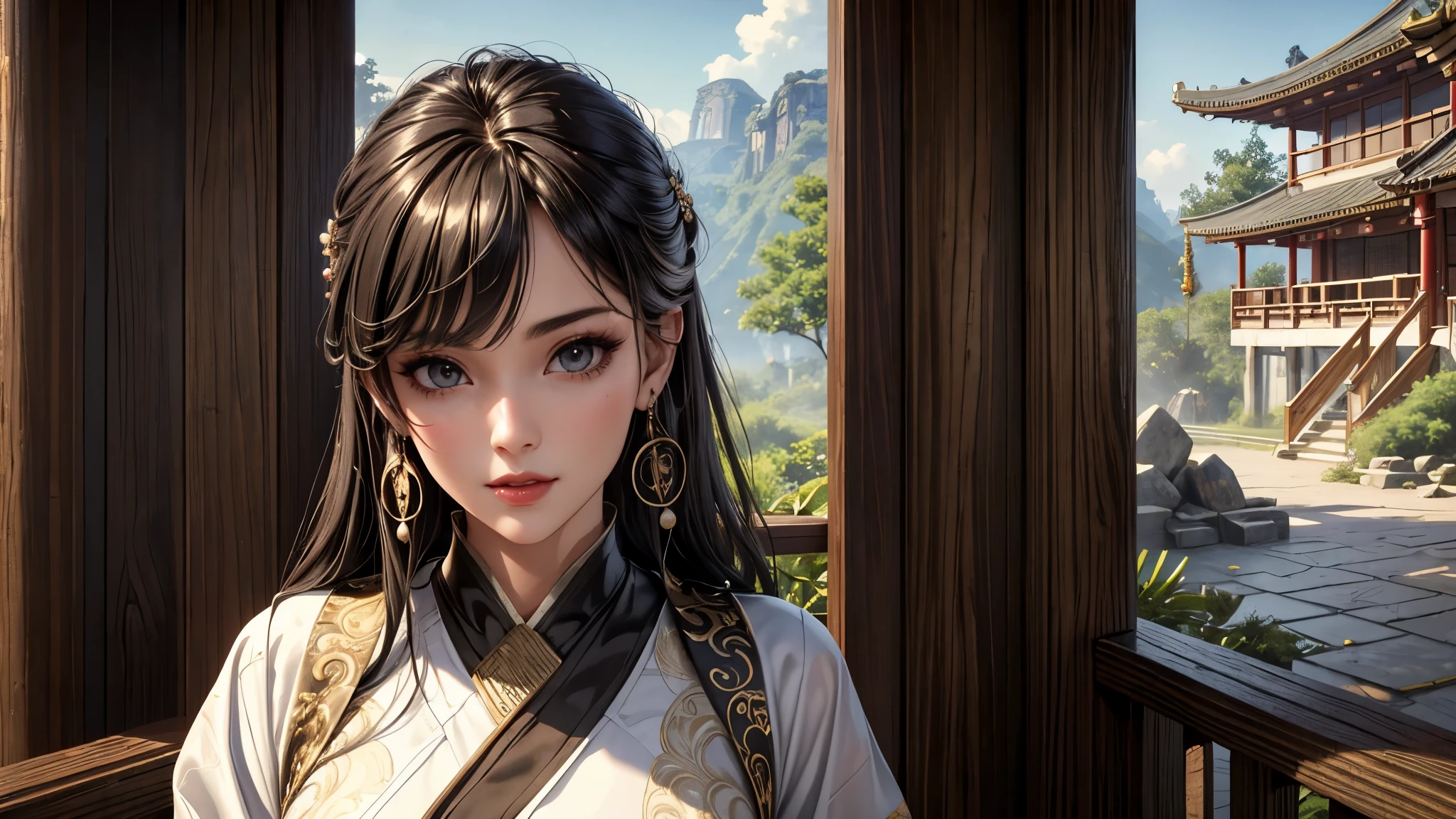 (best quality, 8K, masterpiece:1.3), pretty Woman, 1 girl, beautiful face, (seductive face), Black streaked honey blonde hair, blunt bangs single sidelock, absurdly long curtained straight hair, white casual dress, Ultra-detailed face, Detailed lips, super detailed eyes, double eyelids, long upper eyelashes, Soft skin, HD skin, China, Ancient Chinese temple ruins, Ancient miracles, broken building, [jungle], [Mountain], 8k, Super detailed, best quality detail, retina, Ultra-high resolution, masterpiece, ccurate