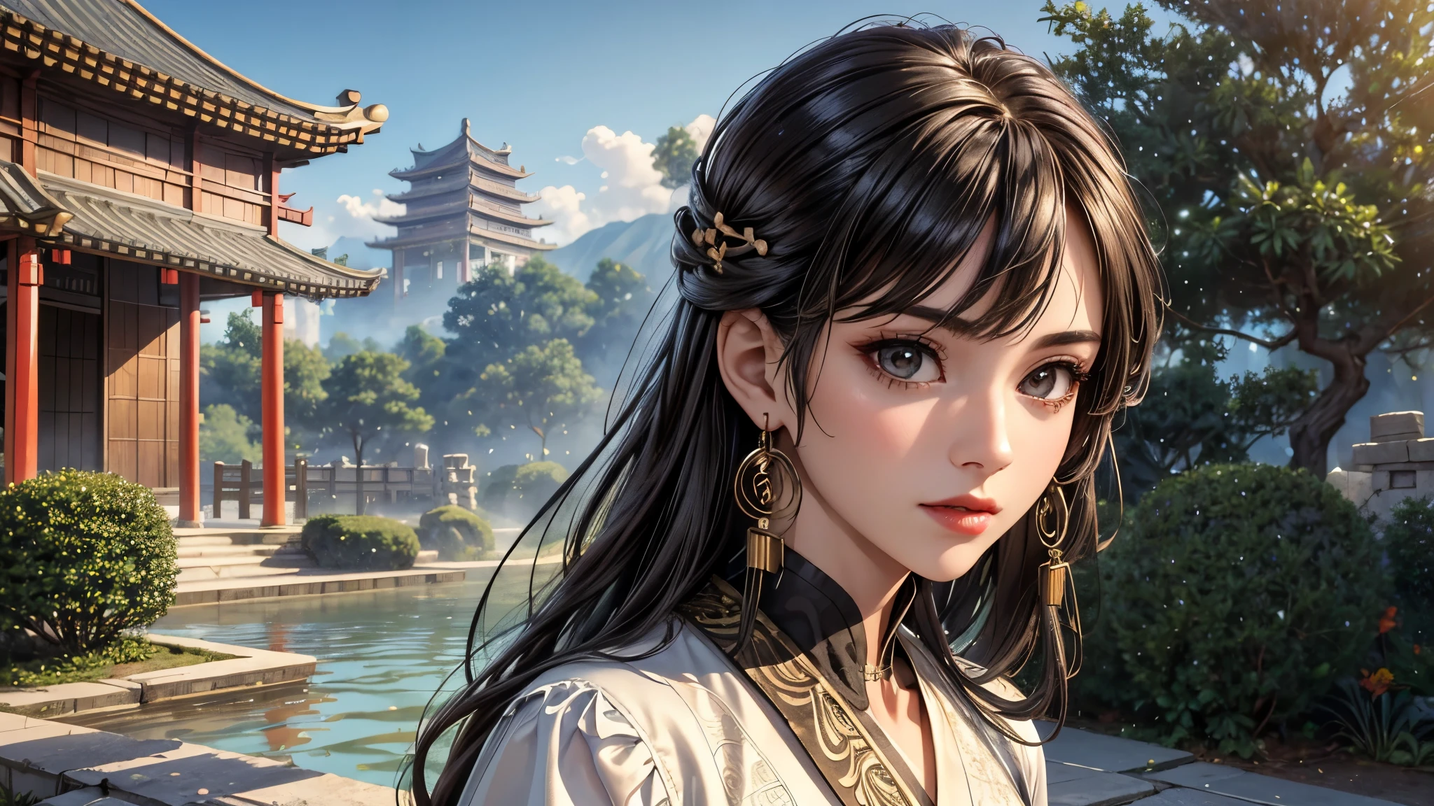 (best quality, 8K, masterpiece:1.3), pretty Woman, 1 girl, beautiful face, (seductive face), Black streaked honey blonde hair, blunt bangs single sidelock, absurdly long curtained straight hair, white casual dress, Ultra-detailed face, Detailed lips, super detailed eyes, double eyelids, long upper eyelashes, Soft skin, HD skin, China, Ancient Chinese temple ruins, Ancient miracles, broken building, [jungle], [Mountain], 8k, Super detailed, best quality detail, retina, Ultra-high resolution, masterpiece, ccurate