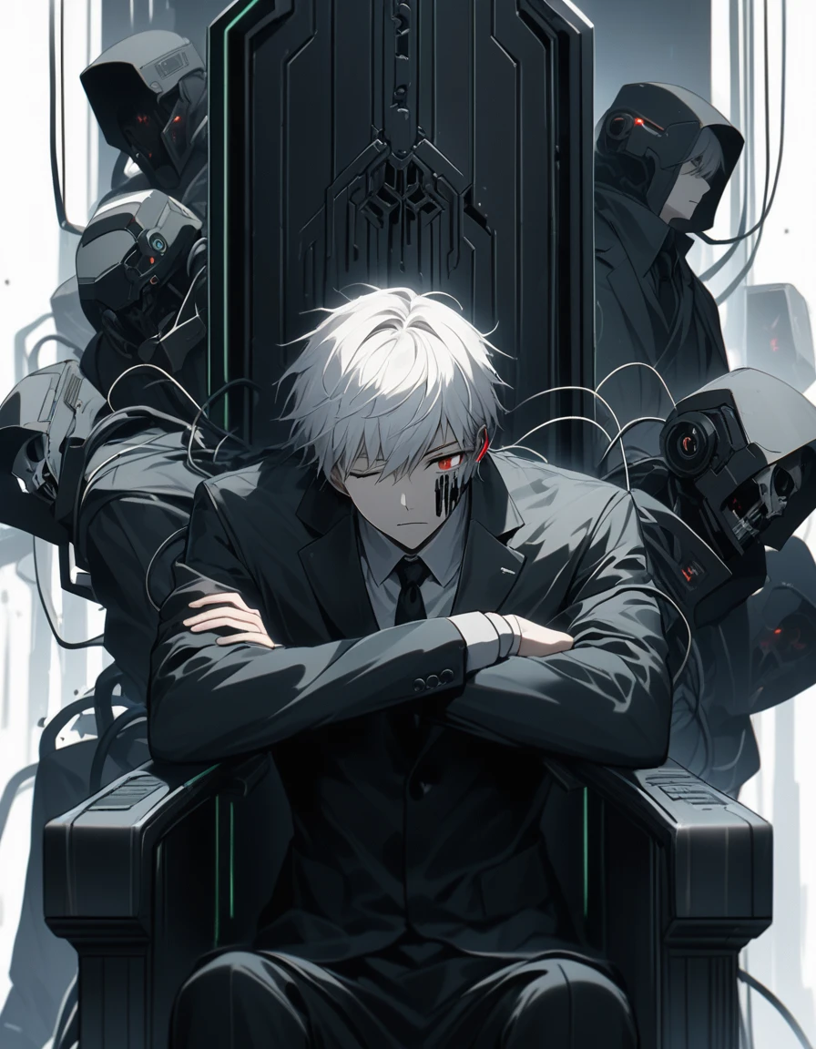 (score_9, score_8_up, score_7_up), zPDXL, 1 man, alone, facing forward, iron chair, black throne, black suit, black stripe on face, one eye closed, arms on sides, white hair, disheveled, cyberpunk, serious and thoughtful face, intimidating, simple background, white background with cables falling down, adult male, looking at the ground, dark aura, (black line on face), (arms resting on throne)