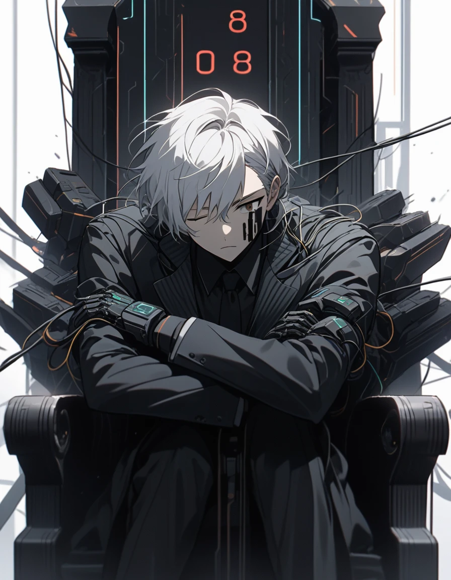 (score_9, score_8_up, score_7_up), zPDXL, 1 man, alone, facing forward, iron chair, black throne, black suit, black stripe on face, one eye closed, arms on sides, white hair, disheveled, cyberpunk, serious and thoughtful face, intimidating, simple background, white background with cables falling down, adult male, looking at the ground, dark aura, (black line on face), (arms resting on throne)
