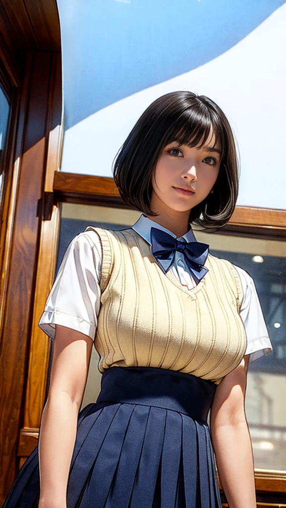 (masterpiece:1.2, Highest quality), (Realistic, photoRealistic:1.4), (Large Breasts:1.5), Beautiful illustrations, (Natural Side Lighting, Cinema Lighting), Written boundary depth, Looking at the audience, (Face Focus, Upper Body), Front view, 1 girl, Japanese, high school girl, , Perfect Face, Symmetrical cute face, Glowing Skin, (Bob Hair:1.7,Black Hair), Asymmetrical bangs, Big eyes, Droopy eyes, long eyelashes chest), thin, Beautiful Hair, Beautiful Face, Beautiful and beautiful eyes, Beautiful clavicle, Beautiful body, Beautiful breasts, Beautiful thighs, Beautiful legs, Beautiful fingers, ((Quality fabric texture, brown knit vest, Short sleeve white collar shirt, Navy Pleated Skirt, Navy bow tie)), (Beautiful views), evening, (Inside the flower shop), Are standing, (smile, Superior, Open your mouth), (From below:1.5),(Poor visibility:1.5), (From below)