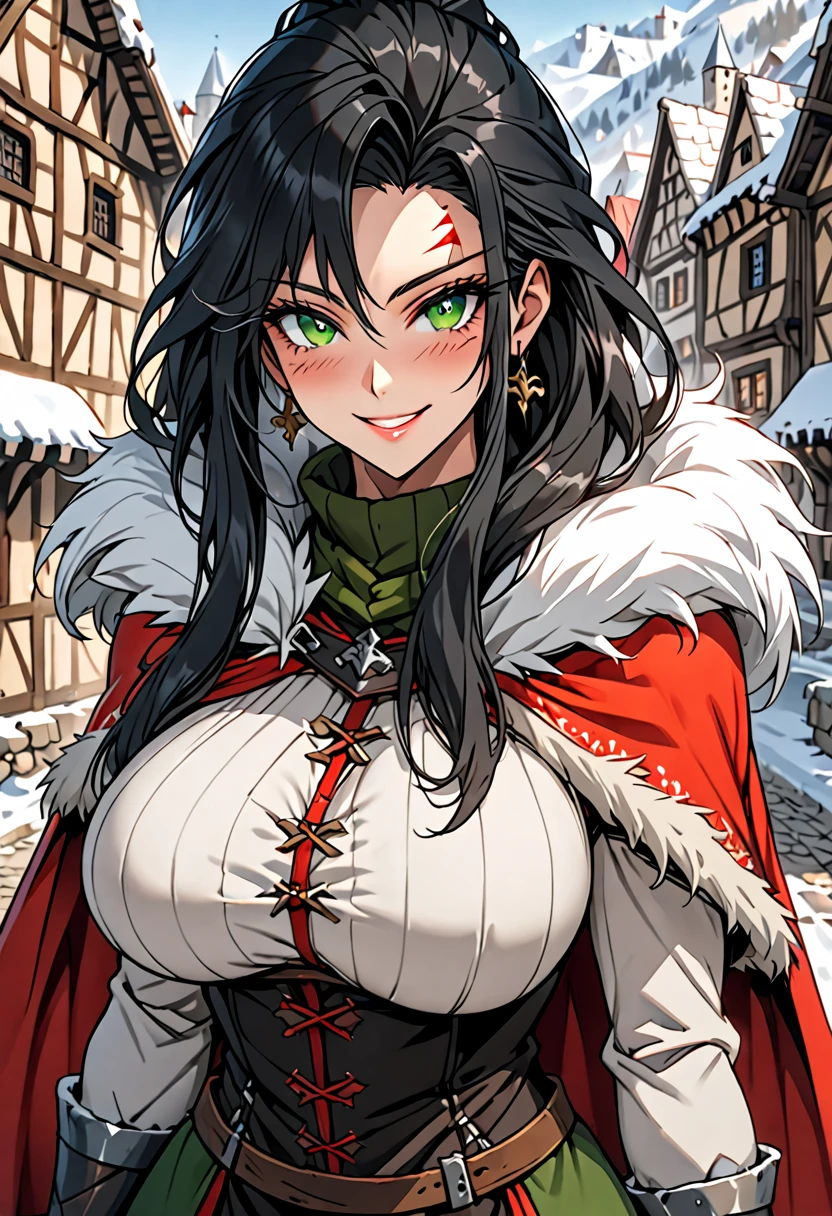 female, solo, long hair, wild hair, black hair, scars, green eyes, muscular:1.3, extremely tall, giantess, mischievous smile, warm, huge breasts, village leader, tall female, medieval, small town, winter, fur lining, form-fitting outfit, fur-lined cape