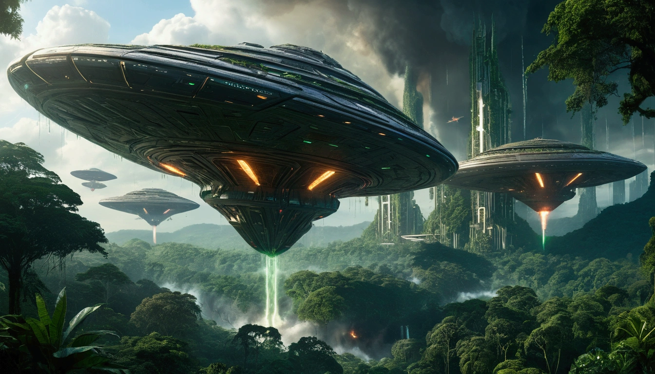 Massive, futuristic alien ships with a metallic, angular design firing energy beams and raining destruction on a lush, verdant rainforest landscape. Fleeing Verdantian inhabitants and buildings/structures being destroyed.