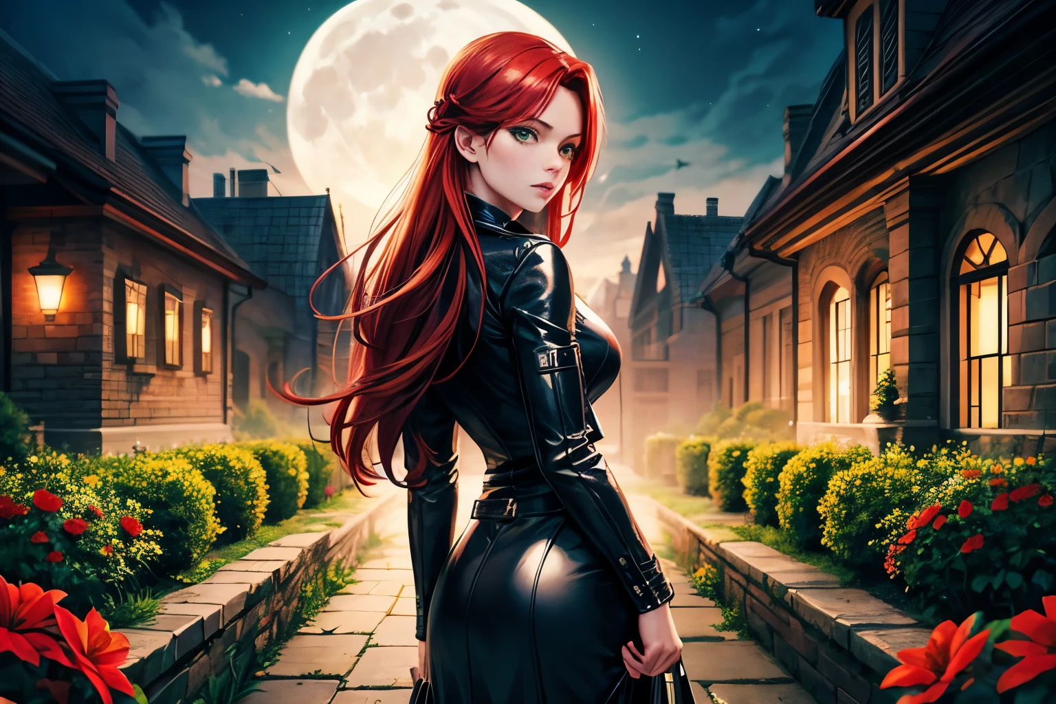 realistic, 1 girl, red hair, green eyes, black leather outfit, from behind, garden, flowers, mansion, night, moon