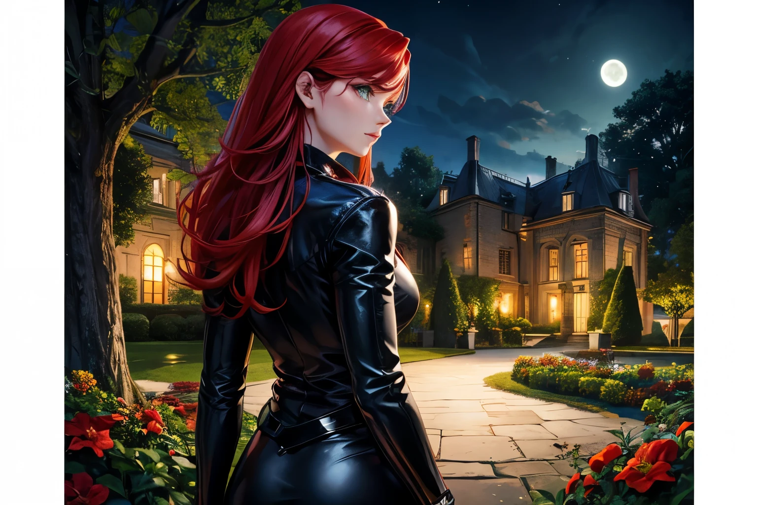 realistic, 1 girl, red hair, green eyes, black leather outfit, from behind, garden, flowers, mansion, night, moon