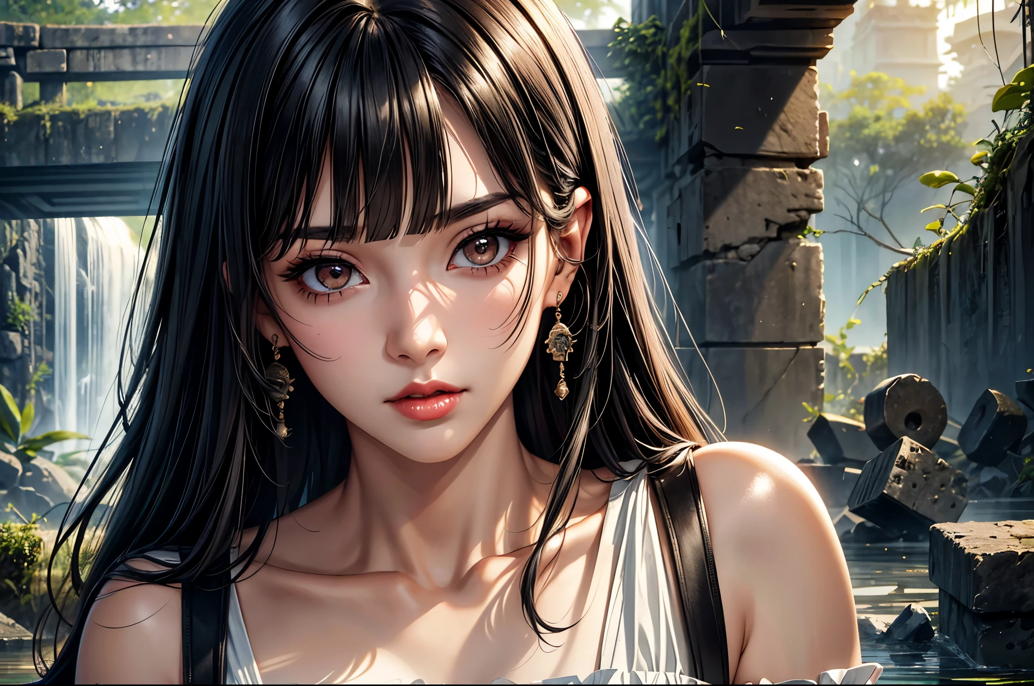 (best quality, 8K, masterpiece:1.3), pretty Woman, 1 girl, beautiful face, (seductive face), Black hair, blunt bangs single sidelock, absurdly long curtained straight hair, white casual dress, Ultra-detailed face, Detailed lips, super detailed eyes, double eyelids, long upper eyelashes, Soft skin, HD skin, Asia, Ancient temple ruins in East Asia, Ancient miracles, [broken building], jungle, 8k, Super detailed, best quality detail, retina, Ultra-high resolution, masterpiece, ccurate