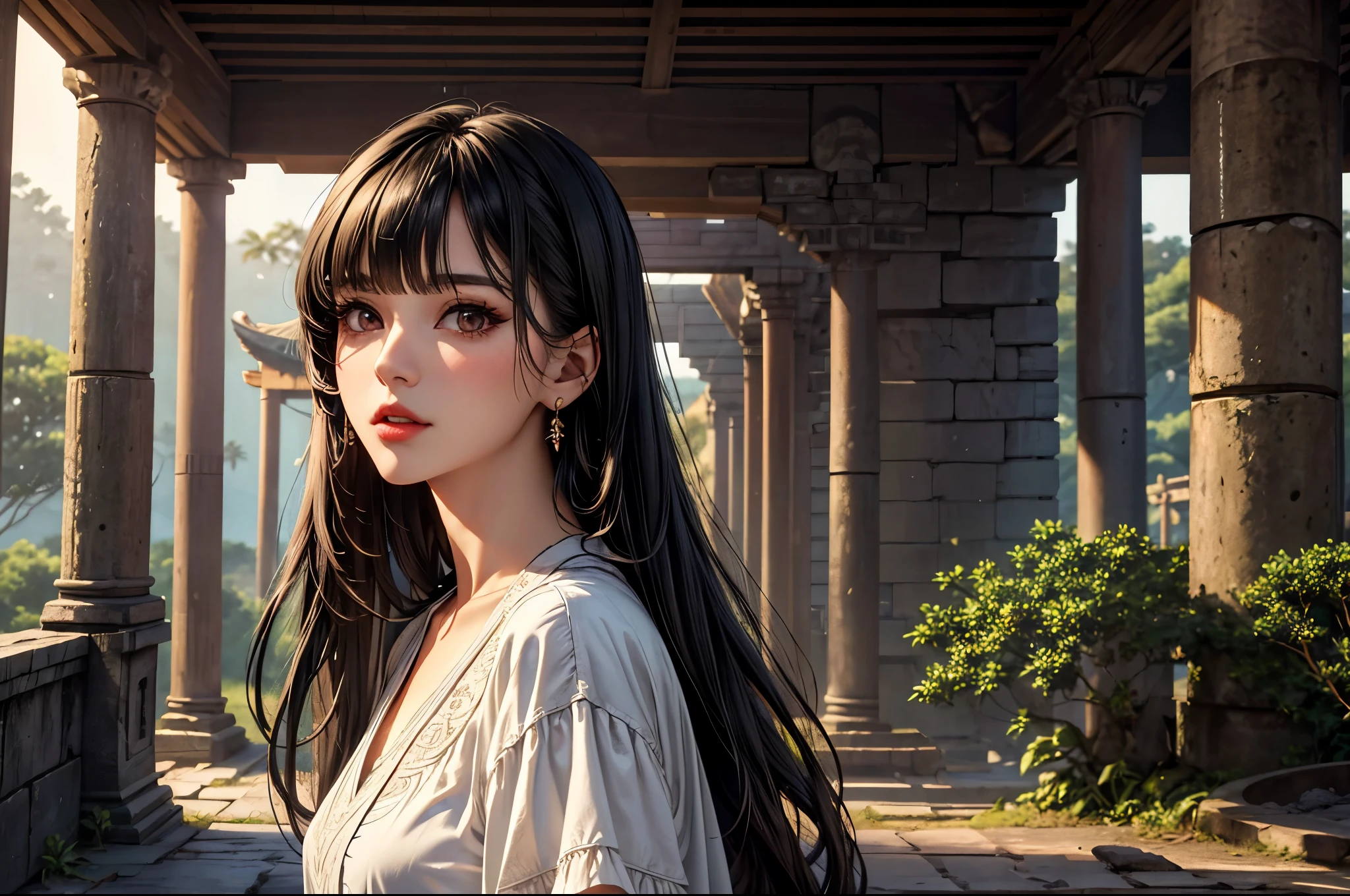 (best quality, 8K, masterpiece:1.3), pretty Woman, 1 girl, beautiful face, (seductive face), Black hair, blunt bangs single sidelock, absurdly long curtained straight hair, white casual dress, Ultra-detailed face, Detailed lips, super detailed eyes, double eyelids, long upper eyelashes, Soft skin, HD skin, Asia, Ancient temple ruins in East Asia, Ancient miracles, [broken building], jungle, 8k, Super detailed, best quality detail, retina, Ultra-high resolution, masterpiece, ccurate