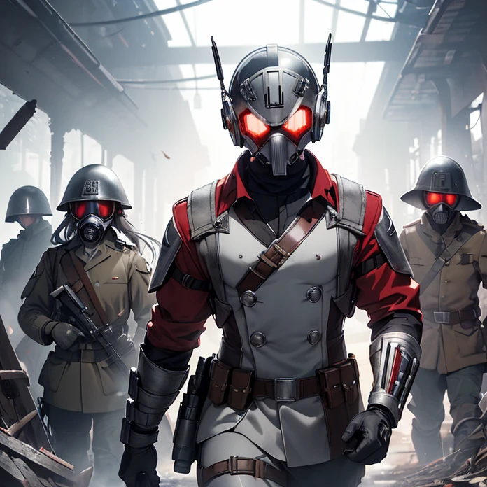 High Resolution, Masterpiece, HD, High Quality, Backlighting, Overexposure, Optical Illusion, Silhouette,
Anime Style, Apocalypse, Chaos, Digital Art, Multiple Views,
{{((1soldier: Marvel comics Star-Lord: (red Whistle Around Neck, silver WW1-german helmet silver GasMask On Head Yellow Goggles, silver GasMouth Mask), (grey german uniform, golden buttons onward on torso, red bands on torso, golden eagle crest on chest, silver shoulder plates silver Elbow Pads, red gloves, red belt, grey german pants, red long boots),(standing shooting with two luger pistols, long sword on hip, resisting on the battlefield), (forest on ruins, battle at the forest, explosions, bullets flying, cludy morning))}}