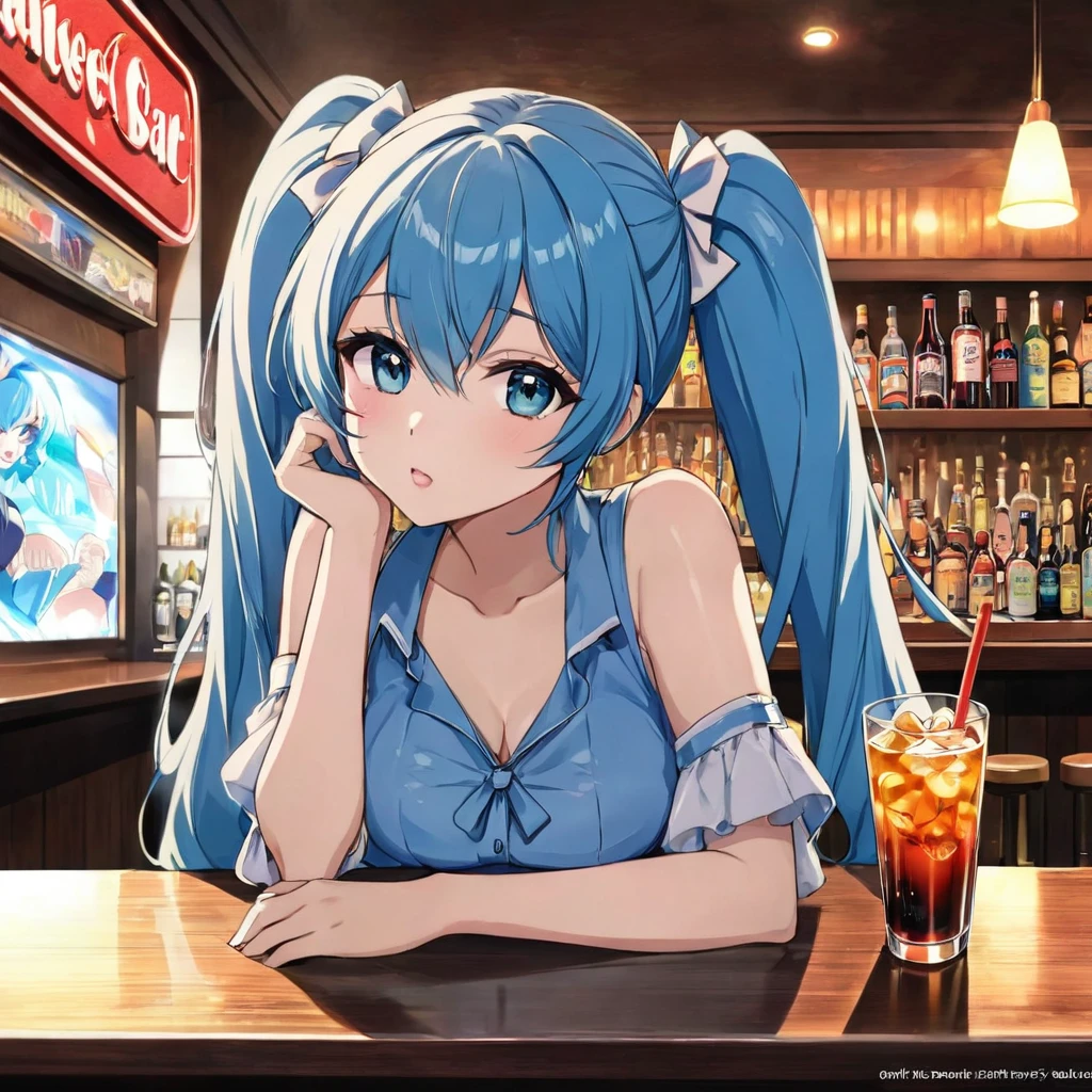 Light blue long hair、Beautiful girl with twin tails、Having a drink with darts in the background、Darts Bar 、a woman sitting at a bar with a drink and darts in the background, (Anime Girls), attractive Anime Girls, Anime Girls drinks energy drink, At the bar, seductive Anime Girls, High quality anime art style, Anime Girls, I like anime, an Anime Girls, Anime Moe Art Style, beautiful Anime Girls, with a drink, Nightcore, In anime style