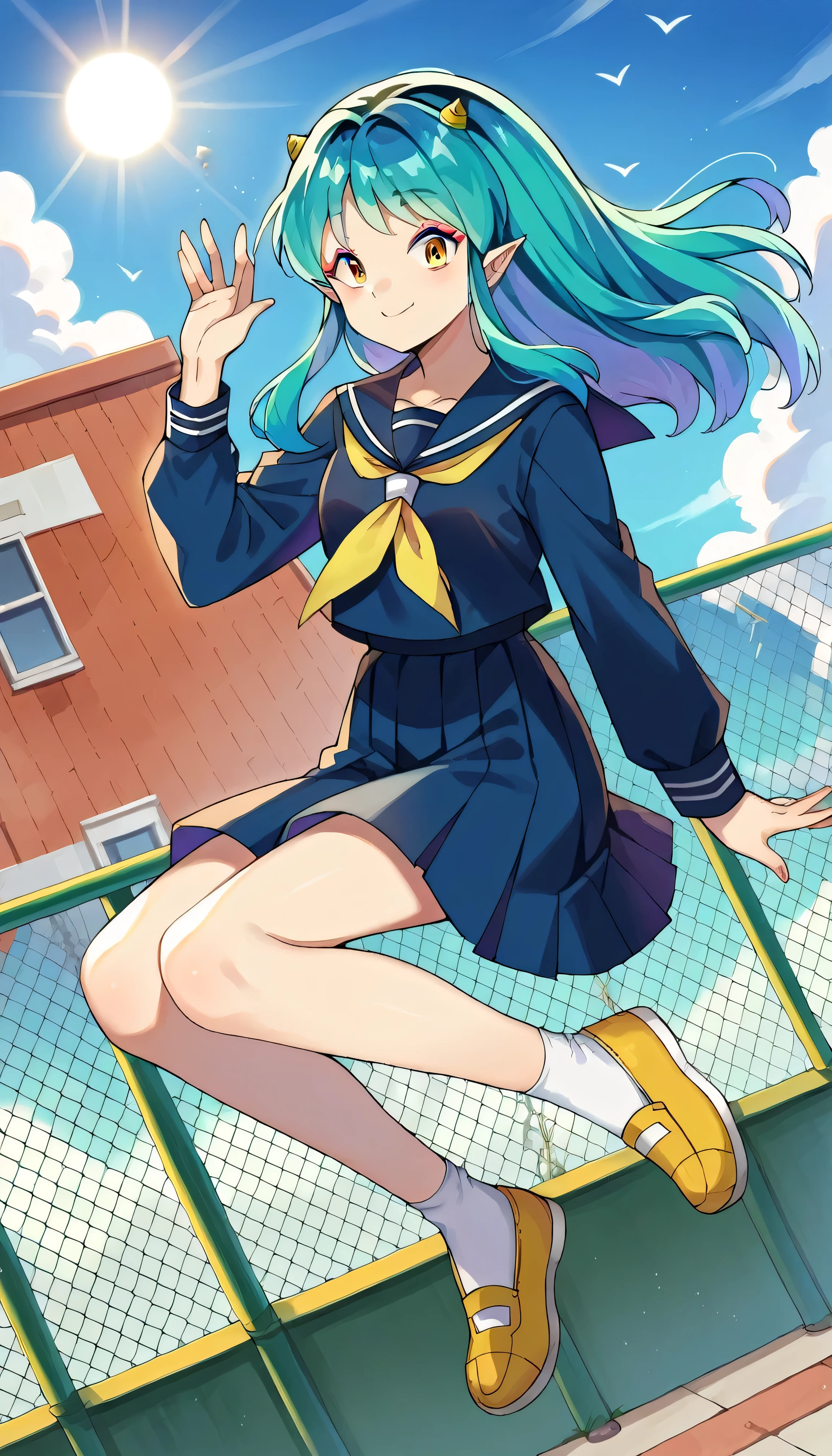 score_9, score_8_up, score_7_up, ((absurdres)), source_anime, uruseiyatsuralum, 1girl, lum, teen, solo, all alone, long hair, bangs, blue hair, orange eyes, pointy ears, aqua hair, short oni horns, eyeshadow, long sleeves, navy serafuku, sailor collar, yellow neckerchief, blue shirt, blue sailor collar, blue skirt, white socks, yellow shoes, outdoors, neighborhood, (flying), (floating), ((leaping)), looking at viewer, ((legs closed)), sidewalk, fence, sunlight, godray, dutch angle, smiling