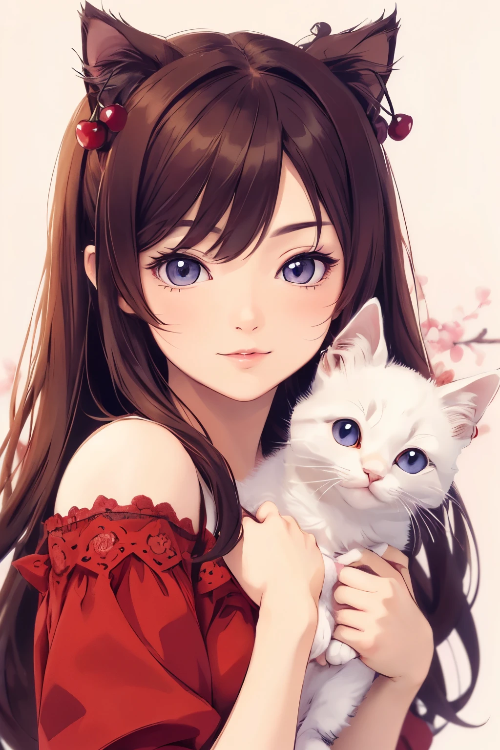 ((best quality)), ((​masterpiece)), (detailed), a cute vector of a kitten with cherry, anime-style, M Jenni-Stil, digital Illustration, Close to perfection, muito detalhado, smooth, keen focus, Illustration, 4K resolution