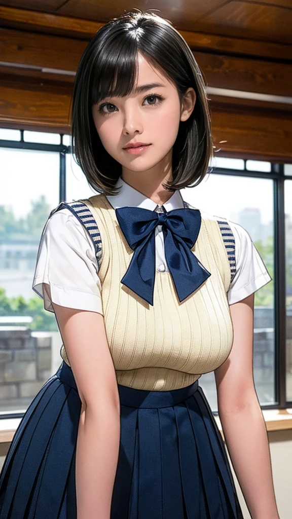 (masterpiece:1.2, Highest quality), (Realistic, photoRealistic:1.4), (Large Breasts:1.5), Beautiful illustrations, (Natural Side Lighting, Cinema Lighting), Written boundary depth, Looking at the audience, (Face Focus, Upper Body), Front view, 1 girl, Japanese, high school girl, , Perfect Face, Symmetrical cute face, Glowing Skin, (Bob Hair:1.7,Black Hair), Asymmetrical bangs, Big eyes, Droopy eyes, long eyelashes chest), thin, Beautiful Hair, Beautiful Face, Beautiful and beautiful eyes, Beautiful clavicle, Beautiful body, Beautiful breasts, Beautiful thighs, Beautiful legs, Beautiful fingers, ((Quality fabric texture, brown knit vest, Short sleeve white collar shirt, Navy Pleated Skirt, Navy bow tie)), (Beautiful views), evening, (Inside the flower shop), Are standing, (smile, Superior, Open your mouth), (From below:1.5),(Poor visibility:1.5), (From below)