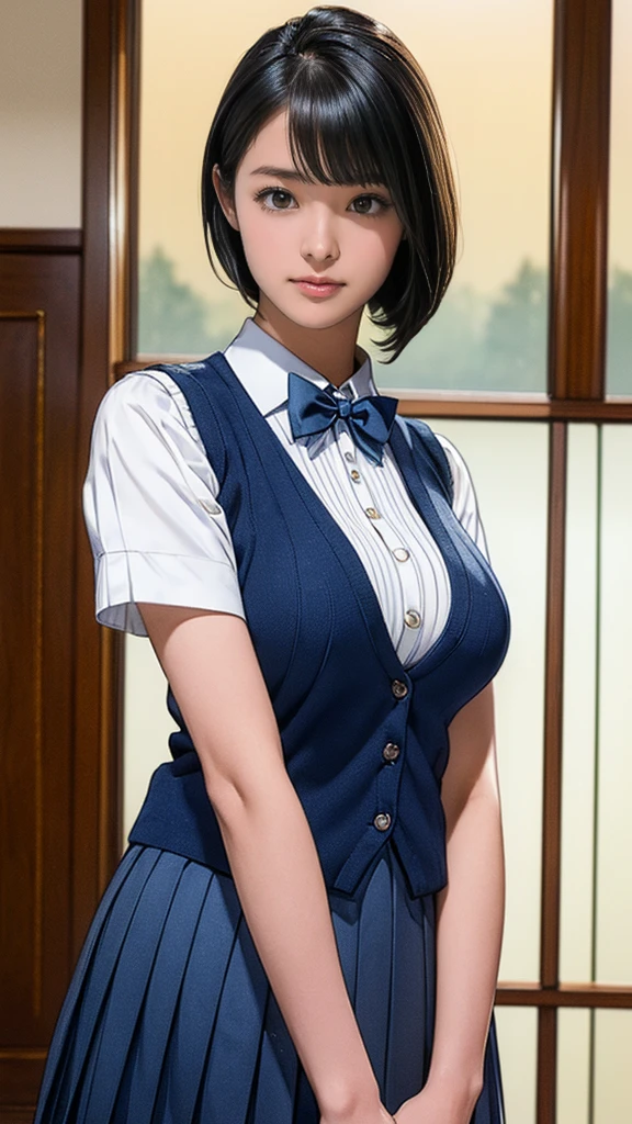 (masterpiece:1.2, Highest quality), (Realistic, photoRealistic:1.4), (Large Breasts:1.5), Beautiful illustrations, (Natural Side Lighting, Cinema Lighting), Written boundary depth, Looking at the audience, (Face Focus, Upper Body), Front view, 1 girl, Japanese, high school girl, , Perfect Face, Symmetrical cute face, Glowing Skin, (Bob Hair:1.7,Black Hair), Asymmetrical bangs, Big eyes, Droopy eyes, long eyelashes chest), thin, Beautiful Hair, Beautiful Face, Beautiful and beautiful eyes, Beautiful clavicle, Beautiful body, Beautiful breasts, Beautiful thighs, Beautiful legs, Beautiful fingers, ((Quality fabric texture, brown knit vest, Short sleeve white collar shirt, Navy Pleated Skirt, Navy bow tie)), (Beautiful views), evening, (Inside the flower shop), Are standing, (smile, Superior, Open your mouth), (From below:1.5),(Poor visibility:1.5), (From below)