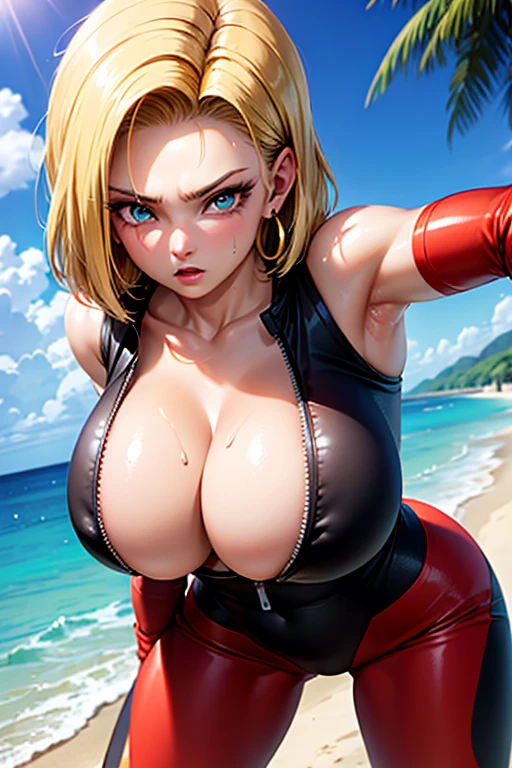masterpiece, Highest quality, Unreal Engine, Super Resolution, Very detailed,
Beautiful woman, Android 18, Android 18, blonde, blue eyes, eyelash, hoop Earrings, short hair, Earrings, Oiled Rubber Suit, Vivid expression, Healthy Body, Beautifully detailed sweat glands, Smooth skin texture, Carefully drawn,
(humidity:1.2), Beautiful Eyes, (Attractive face:1.2), (Beautiful Skin), (Big Breasts), Puffy nipples, (Sticky with sweat), In a dynamic pose,
In the world of Dragon Ball, Outdoor, At the Beach
