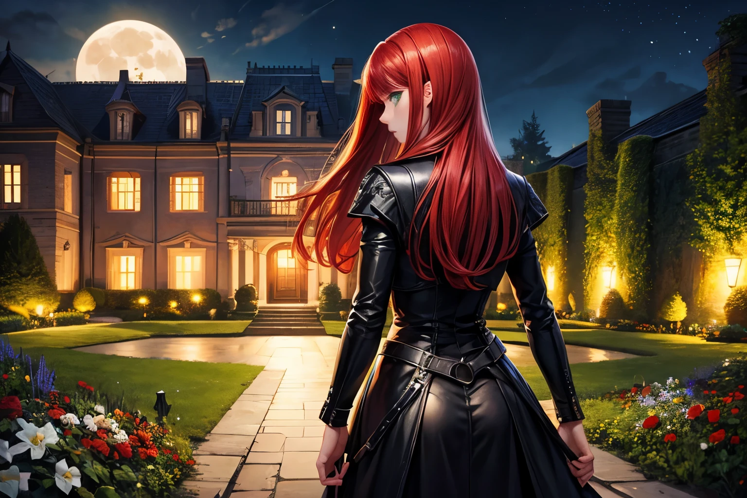 realistic, 1 girl, red hair, green eyes, black leather outfit, from behind, garden, flowers, mansion, night, moon