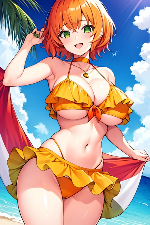 1girl, large breasts, orange hair, short hair, green eyes, green bikini, bikini, hourglass figure, smile, light smile, beach,, choker, bikini skirt, frilled bikini