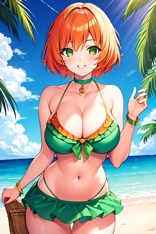 1girl, large breasts, orange hair, short hair, green eyes, green bikini, bikini, hourglass figure, smile, light smile, beach,, choker, bikini skirt, frilled bikini