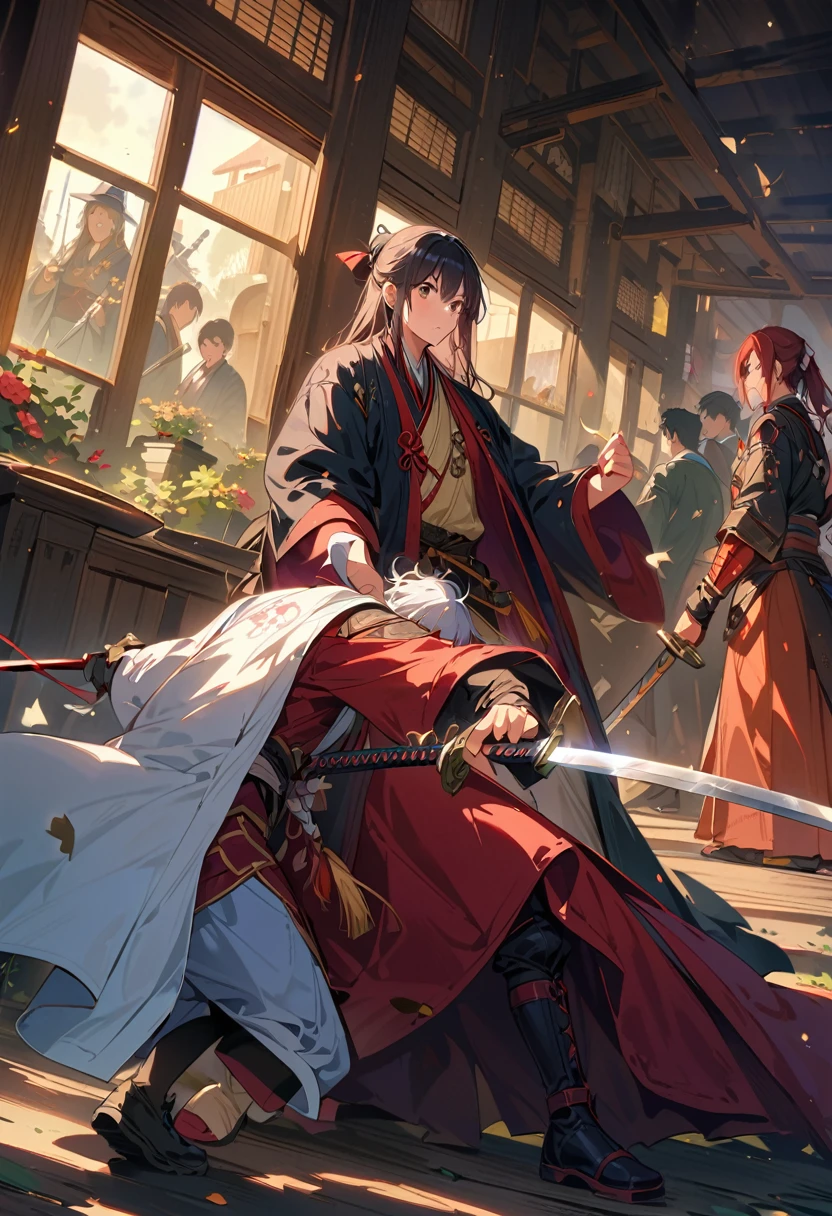 {{masterpiece、best quality、(((Practical、Reality:1.37)))、((Two men in sword fight and others))、8K picture quality、Very delicate and beautiful、wonderful、Large file size、Very detailed、Very detailed、Cinema Lighting}}、A scene of multiple warriors slashing at each other with swords、A scene from a period drama、The light of the Japanese sword gleams in the dark、arm, Body, The swords of the men in battle do not overlap、Intense katana sword fighting and flash、解剖学上准确的Body描绘、Perfect fingers,Sword、The Interiors and Gardens of a Japanese Feudal Lord'Target address、