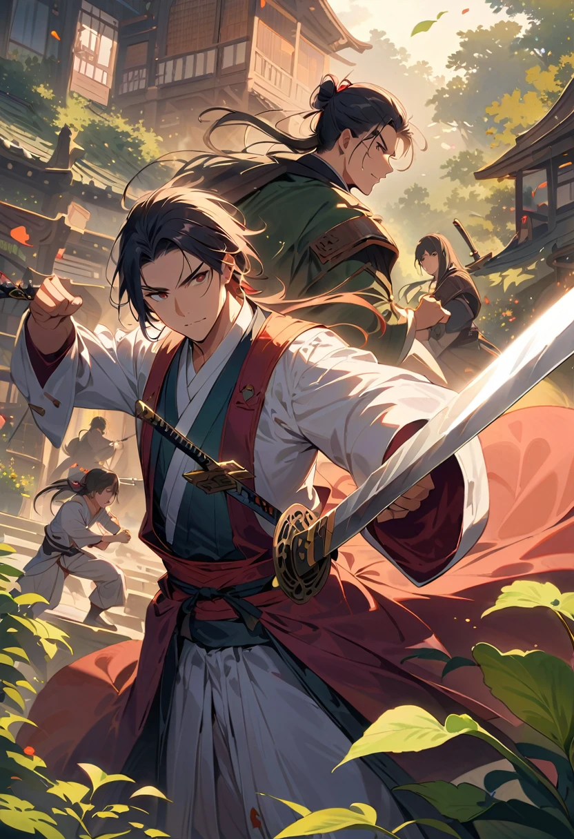 {{masterpiece、best quality、(((Practical、Reality:1.37)))、((Two men in sword fight and others))、8K picture quality、Very delicate and beautiful、wonderful、Large file size、Very detailed、Very detailed、Cinema Lighting}}、A scene of multiple warriors slashing at each other with swords、A scene from a period drama、The light of the Japanese sword gleams in the dark、arm, Body, The swords of the men in battle do not overlap、Intense katana sword fighting and flash、解剖学上准确的Body描绘、Perfect fingers,Sword、The Interiors and Gardens of a Japanese Feudal Lord'Target address、