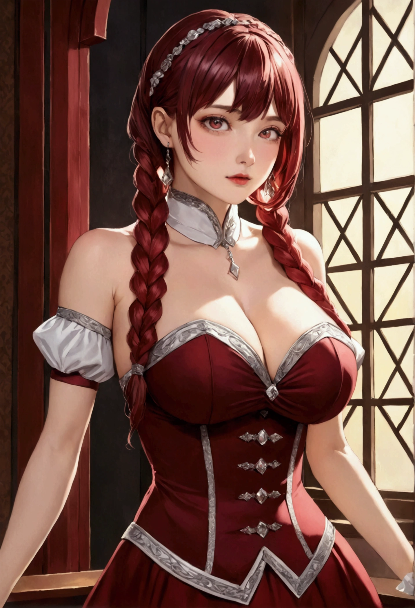 Masterpiece, best quality, 1_woman, (Caucasian skin_complexion) (looking away from the viewer) long double hair braids, dark red hair, diamond shaped eyes, , large_bust, chest window, cleavage double button breast, long dark red silver trim, black tights, (fancy dress), small waist