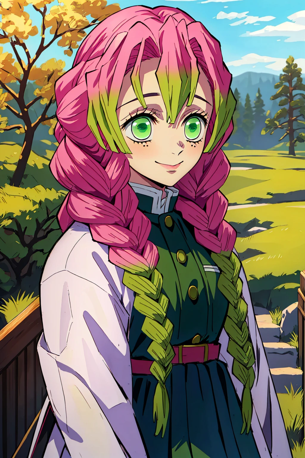 (Masterpiece - Ultra-Detailed, High Resolution) kanroji mitsuri, demon slayer, 1girl, solo, upper body, nature, sky, long hair, smiling, green eyes, pink hair, braid, outdoors, green hair, mole, blurry, twin braids, mole under eye, parody, portrait, demon slayer uniform,