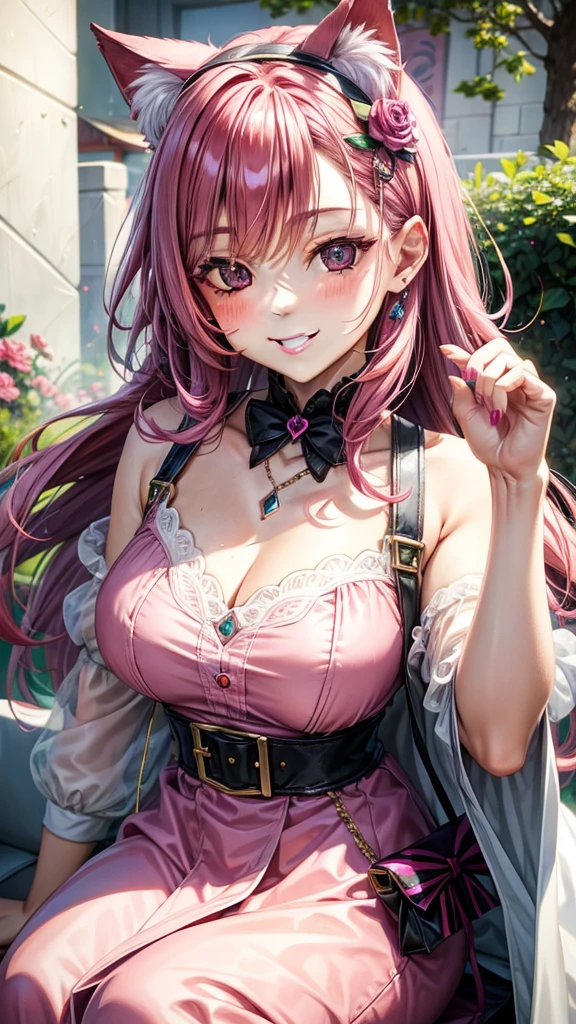 Magenta hair, hazel eyes, older woman, hair jewel ornament, cat ears, long hair, smiling face, bright colors, elegant clothes, pastel color clothes
