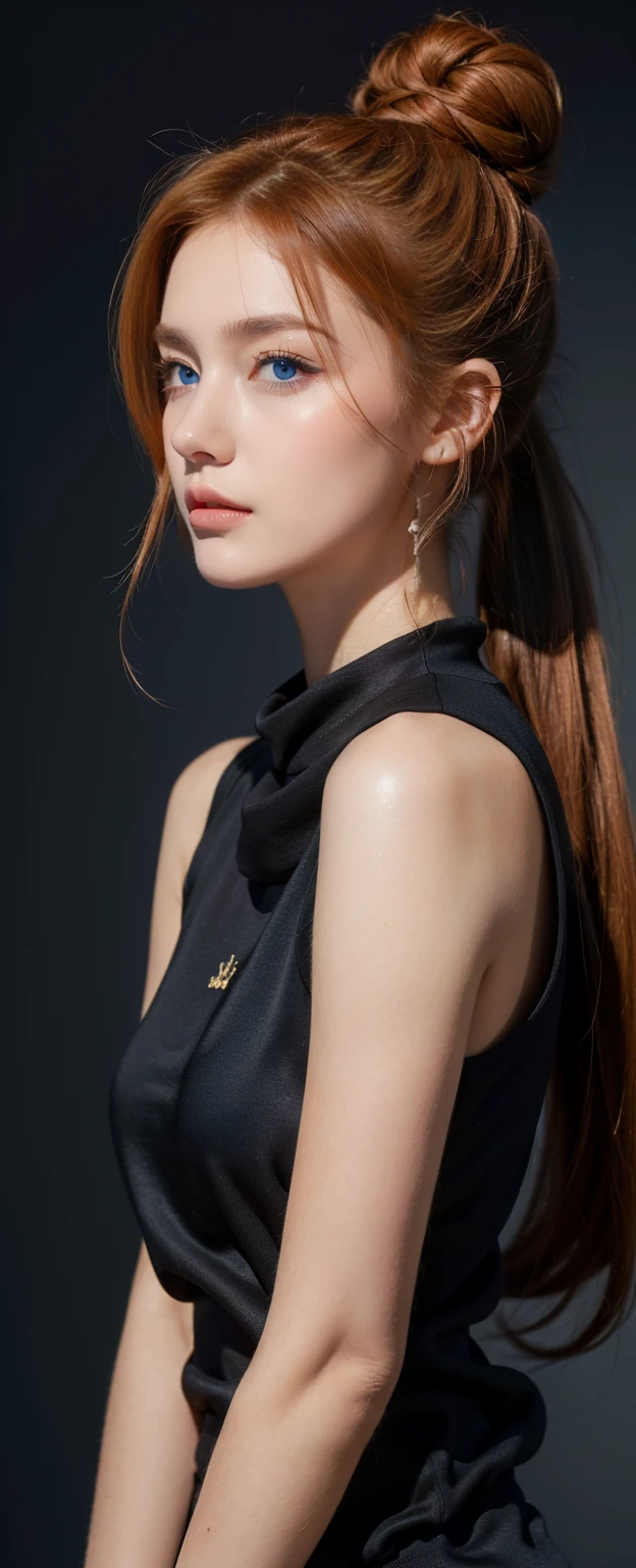 ((best quality)), ((masterpiece)), ((best quality)), ((masterpiece)), ((detailed)), Ridiculous resolution, high resolution, (masterpiece:1.4), Hyper-detailing, a 17 years old european girl. ((sleeveless plain silk black sweatshirt)). Blank background. Standing. ((Ginger hair)). She has a bun in her hair. Standing. ((Dark blue eyes)). Arms up. ((Hands))