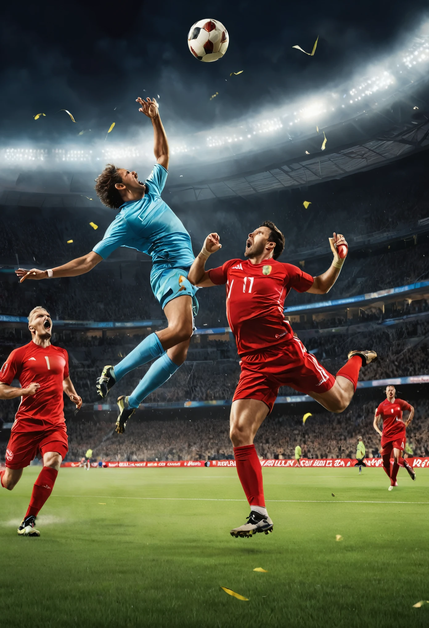 A captivating dynamic sports illustration featuring an intense match between two teams. The main focus is a player poised to score a goal, with a determined and exhilarated expression. His foot is raised, ready to strike the ball that hangs mid-air. The opposing goalkeeper dives in a desperate attempt to block the shot, their furrowed brow revealing intense concentration. The background is filled with enthusiastic spectators, cheering and waving flags, adding to the electrifying atmosphere. The ball's suspension in mid-air heightens the suspense, leaving the outcome of the match uncertain., illustration