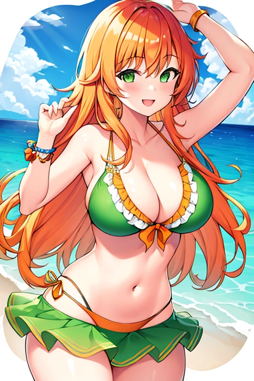 1girl, large breasts, orange hair, medium hair, green eyes, green bikini, bikini, hourglass figure, smile, light smile, beach,, bikini skirt, frilled bikini
