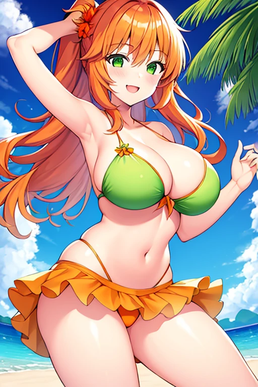 1girl, large breasts, orange hair, medium hair, green eyes, green bikini, bikini, hourglass figure, smile, light smile, beach,, bikini skirt, frilled bikini