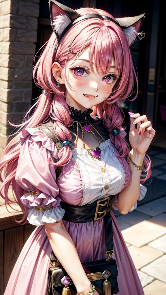 Magenta hair, hazel eyes, older woman, hair jewel ornament, cat ears, long hair, smiling face, bright colors, blouse top, pastel color clothes