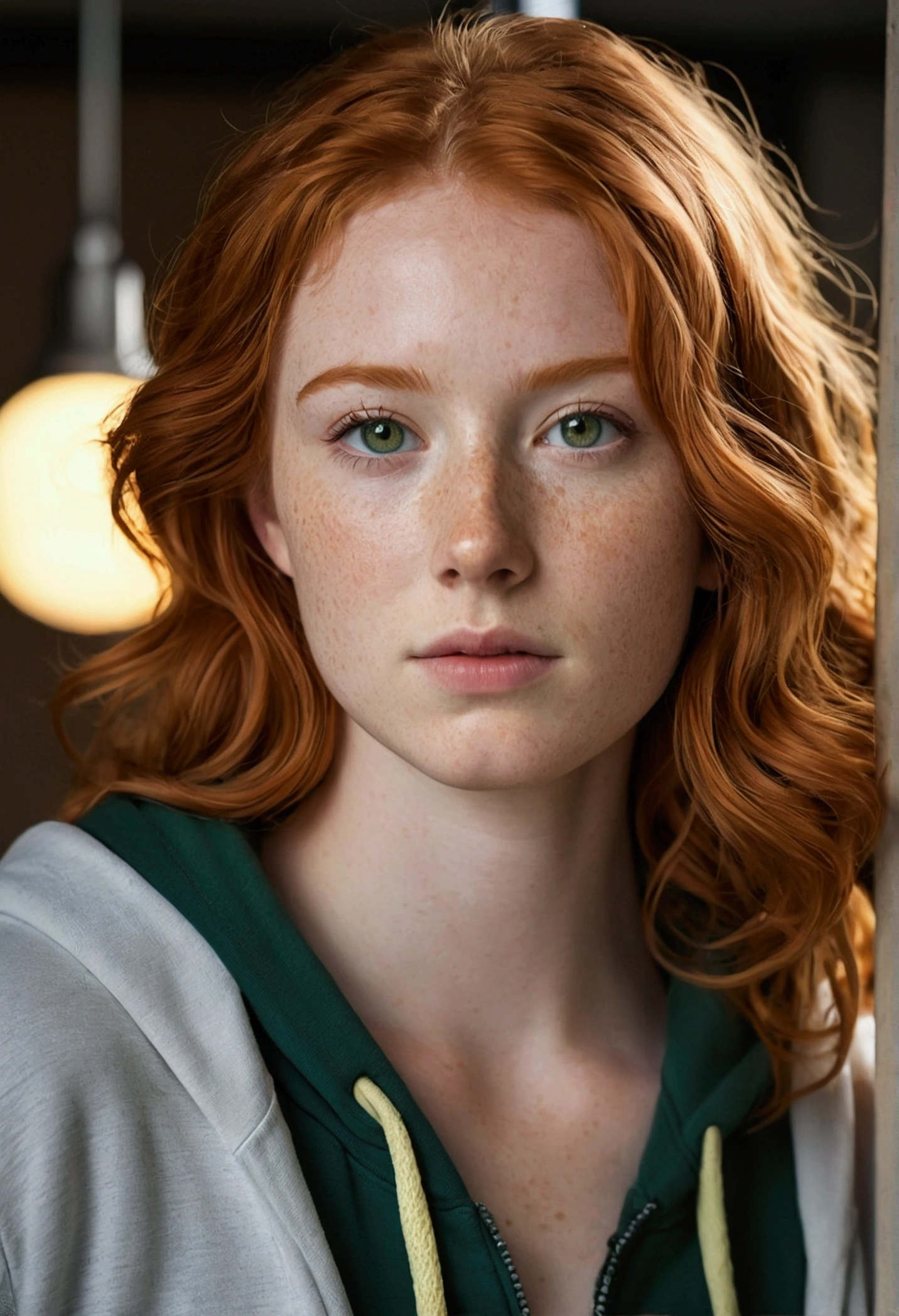 1girl in, 19, Solo, Aesthetic artwork, irish redhead, wavy ginger hair, shoulder length ginger hair, gray eyes, light grey eyes, some small freckles, (B-cup, medium breasts), runners body, fullbody shot, (textured skin, skin pores:1.1), (moles:0.8), imperfect skin, (extremely detailed 8k wallpaper), soft lighting, high quality, film grain, Fujifilm XT3 sharp focus, f 5.6, 50mm, High Detail, Sharp focus,(natural light, slightly dusk), (withdrawn personality) navy blue unzipped hoodie with green oregon university shirt underneath , tight outfit,, Realistic, A sexy