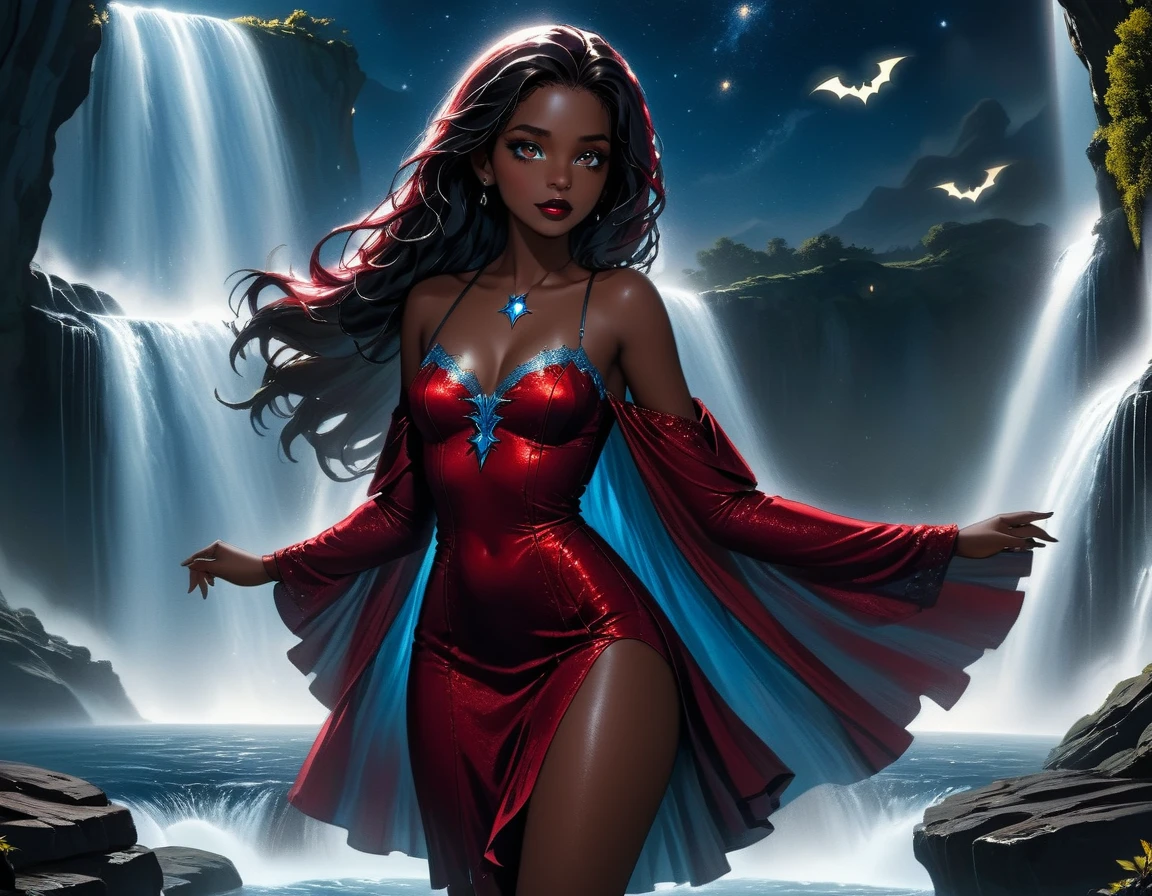 a picture of an exquisite beautiful female vampire standing under the starry night sky at the base of the waterfall, dynamic angle (ultra detailed, Masterpiece, best quality), ultra feminine, (black skin: 1.3),  dynamic hair color, wavy hair, dynamic eyes color, cold eyes, glowing eyes, intense eyes, dark red lips, wearing dynamic color dress dress (ultra detailed, Masterpiece, best quality), wearing blue cloak (ultra detailed, Masterpiece, best quality), long cloak, flowing cloak (ultra detailed, Masterpiece, best quality), wearing high heeled boots,  water coming down from a mountain, multi level water falls, several pools created in different levels, forming new waterfalls, water cascading into a pool steam rising, clear water in many hues of blue and azure falling, ultra best realistic, best details, best quality, 16k, [ultra detailed], masterpiece, best quality, (extremely detailed), ultra wide shot, photorealism, depth of field, hyper realistic painting, sky full of stars background, moon, bats flying about, high details, best quality, 8k, [ultra detailed], masterpiece, best quality, (ultra detailed), full body, ultra wide shot, photorealism, dark fantasy art, dark fantasy art, gothic art, many stars, dark fantasy art, gothic art, sense of dread, Intense gaze, magical sky, ZipFile Comi Style