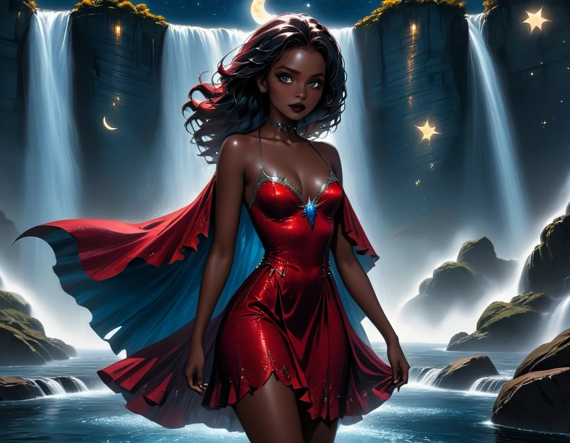 a picture of an exquisite beautiful female vampire standing under the starry night sky at the base of the waterfall, dynamic angle (ultra detailed, Masterpiece, best quality), ultra feminine, (black skin: 1.3),  dynamic hair color, wavy hair, dynamic eyes color, cold eyes, glowing eyes, intense eyes, dark red lips, wearing dynamic color dress dress (ultra detailed, Masterpiece, best quality), wearing blue cloak (ultra detailed, Masterpiece, best quality), long cloak, flowing cloak (ultra detailed, Masterpiece, best quality), wearing high heeled boots,  water coming down from a mountain, multi level water falls, several pools created in different levels, forming new waterfalls, water cascading into a pool steam rising, clear water in many hues of blue and azure falling, ultra best realistic, best details, best quality, 16k, [ultra detailed], masterpiece, best quality, (extremely detailed), ultra wide shot, photorealism, depth of field, hyper realistic painting, sky full of stars background, moon, bats flying about, high details, best quality, 8k, [ultra detailed], masterpiece, best quality, (ultra detailed), full body, ultra wide shot, photorealism, dark fantasy art, dark fantasy art, gothic art, many stars, dark fantasy art, gothic art, sense of dread, Intense gaze, magical sky, ZipFile Comi Style