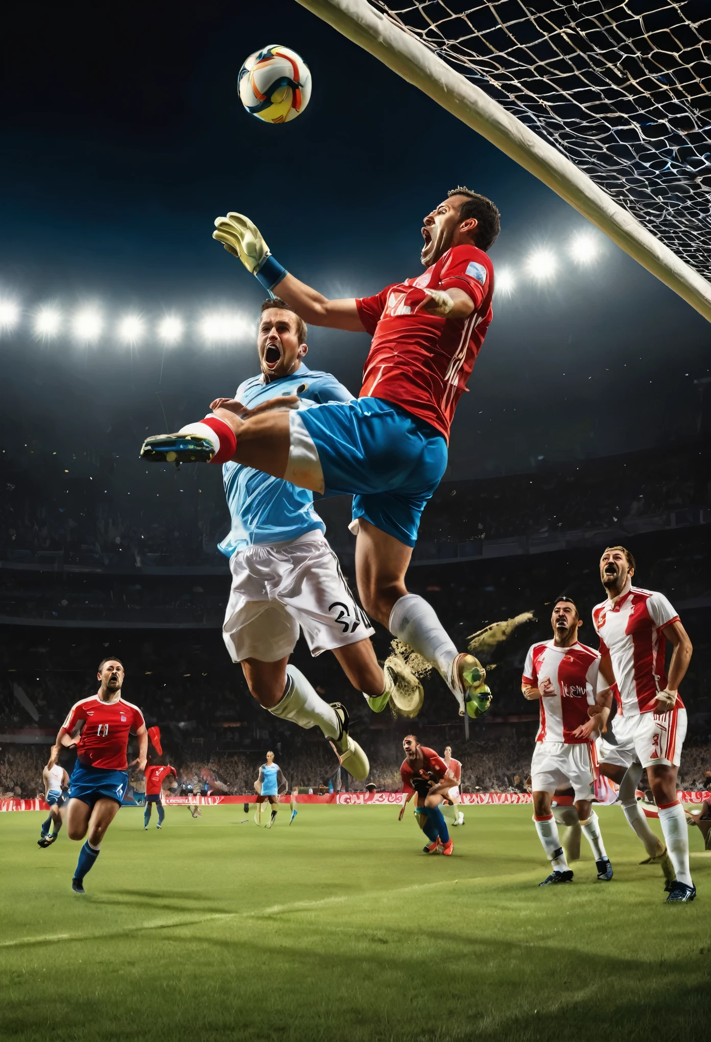 A captivating dynamic sports illustration featuring an intense match between two teams. The main focus is a player poised to score a goal, with a determined and exhilarated expression. His foot is raised, ready to strike the ball that hangs mid-air. The opposing goalkeeper dives in a desperate attempt to block the shot, their furrowed brow revealing intense concentration. The background is filled with enthusiastic spectators, cheering and waving flags, adding to the electrifying atmosphere. The ball's suspension in mid-air heightens the suspense, leaving the outcome of the match uncertain., illustration